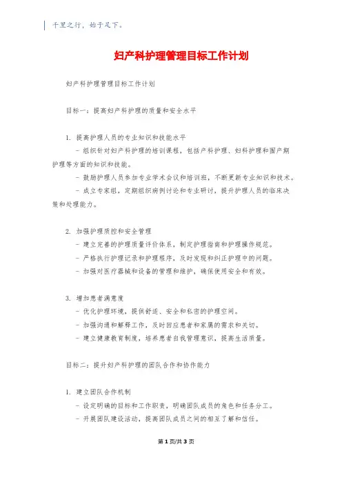 妇产科护理管理目标工作计划