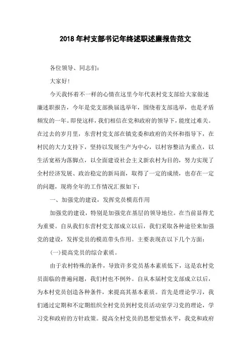 2018年村支部书记年终述职述廉报告范文