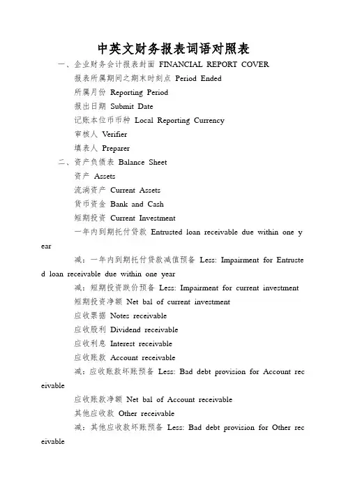 中英文财务报表词语对照表