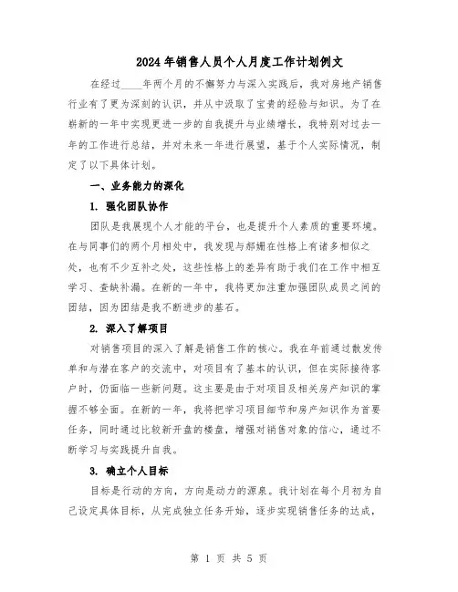 2024年销售人员个人月度工作计划例文(三篇)