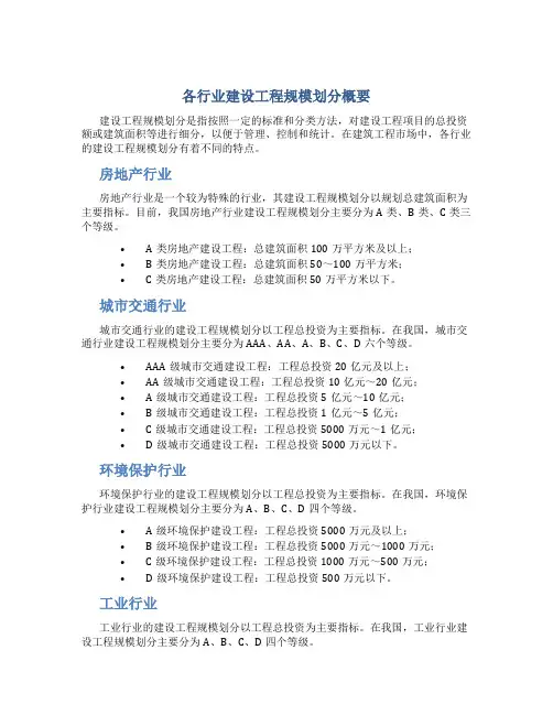 各行业建设工程规模划分概要