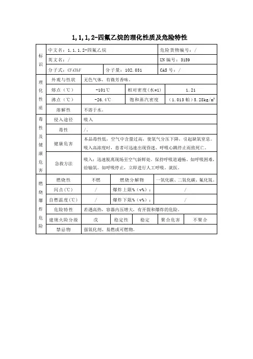 7危险化学品1,1,1,2-四氟乙烷的理化性质及危险特性表MSDS