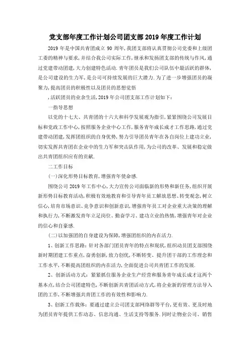 最新-党支部年度工作计划 公司团支部2019年度工作计划 精品