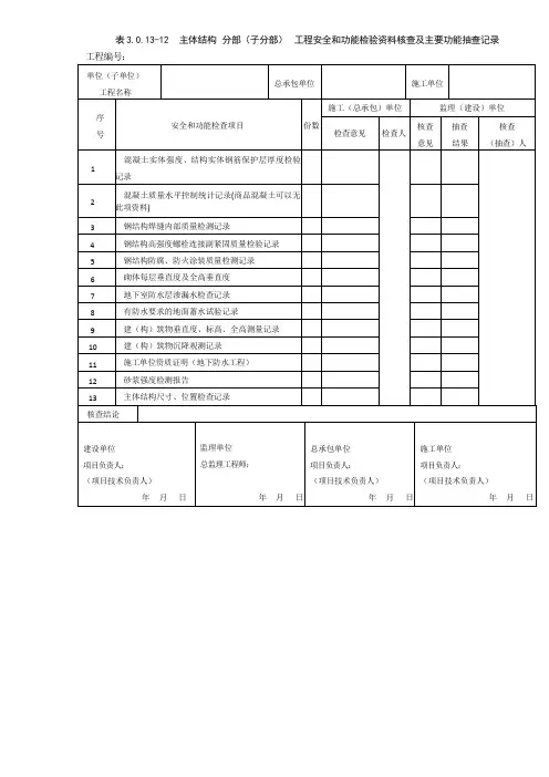 主体结构 分部(子分部) 工程安全和功能检验资料核查及主要功能抽查记录
