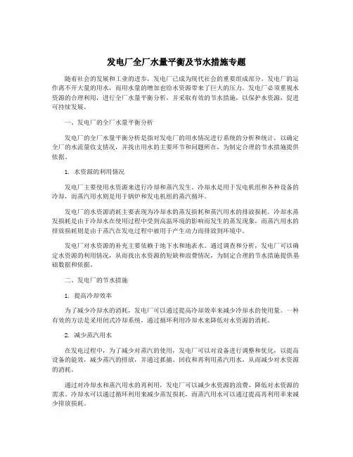 发电厂全厂水量平衡及节水措施专题