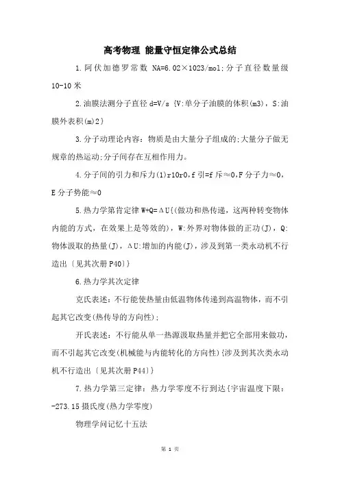 高考物理 能量守恒定律公式总结