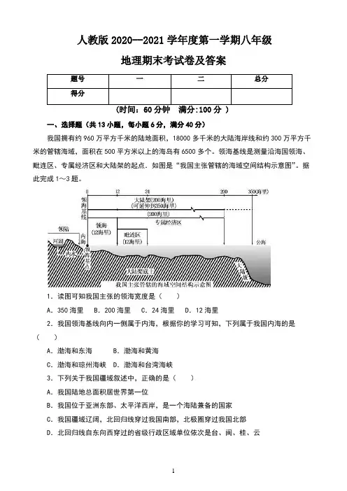 人教版2020--2021学年度第一学期八年级地理期末考试卷及答案(含四套题)