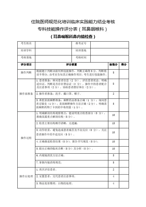 住院医师规范化培训临床实践能力结业考核专科技能操作评分表(耳鼻咽喉科)耳鼻咽喉科鼻内镜检查
