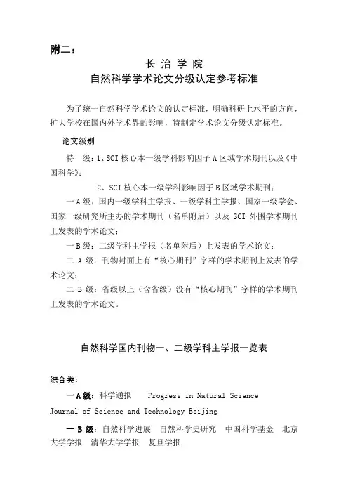长治学院学术论文分级认定标准2