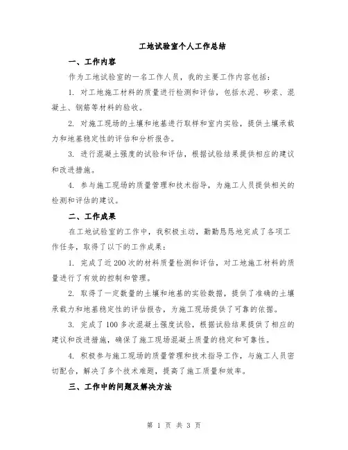 工地试验室个人工作总结