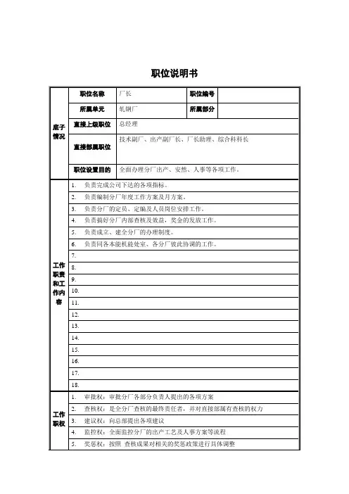 轧钢厂厂长岗位职位说明书
