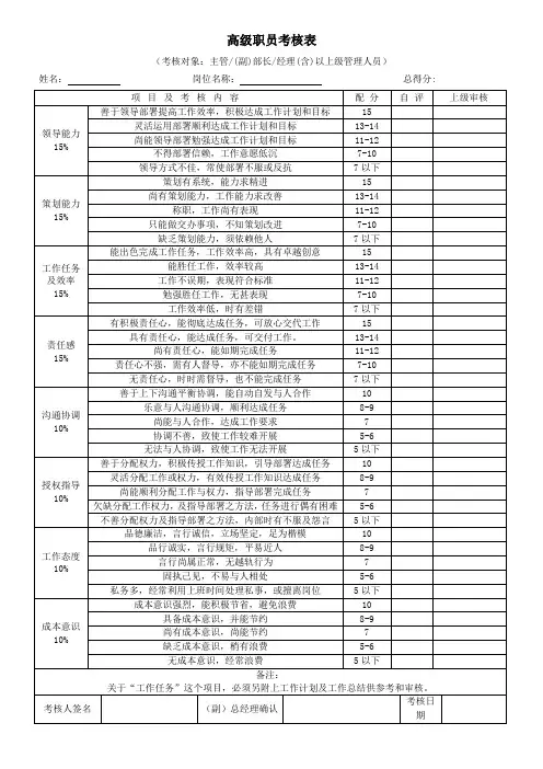 各部门绩效考核表格汇总