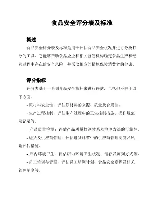 食品安全评分表及标准