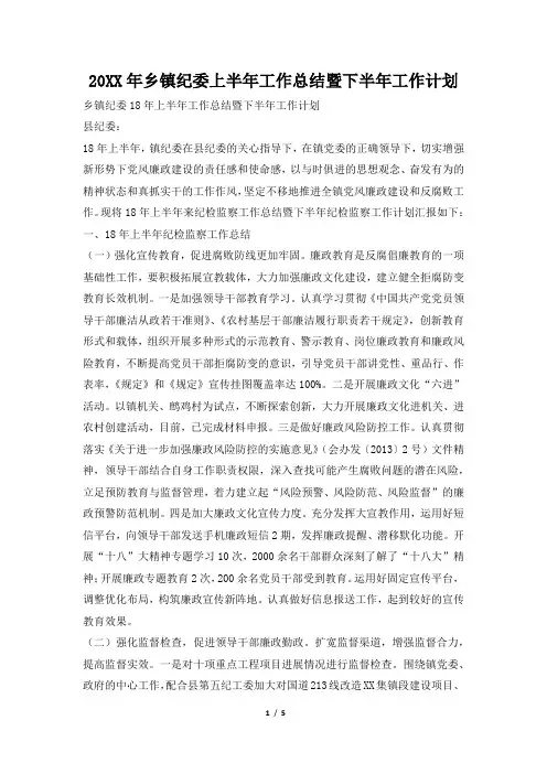 2019年乡镇纪委上半年工作总结暨下半年工作计划