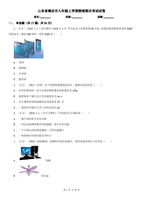 山东省潍坊市九年级上学期物理期末考试试卷