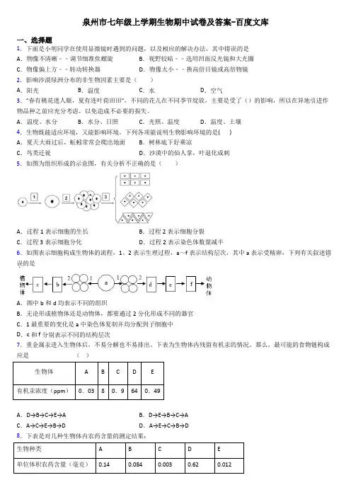 泉州市七年级上学期生物期中试卷及答案-百度文库