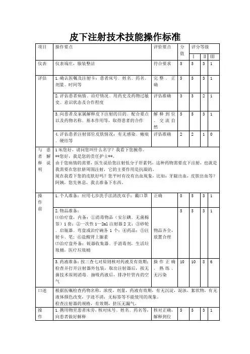 皮下注射技术技能操作标准