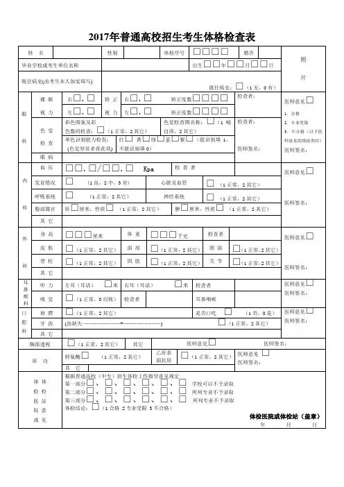 2017年普通高校招生考生体格检查表