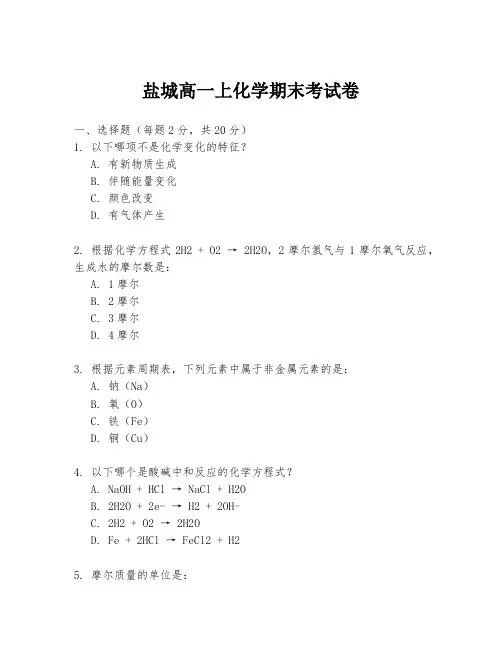盐城高一上化学期末考试卷