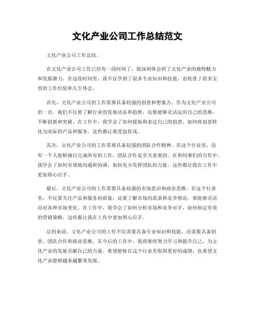 文化产业公司工作总结范文