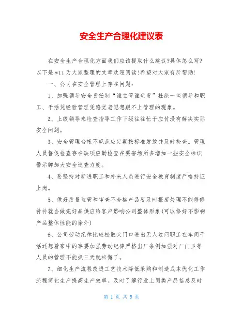 安全生产合理化建议表