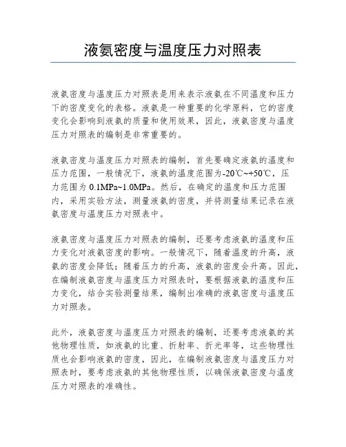 液氨密度与温度压力对照表