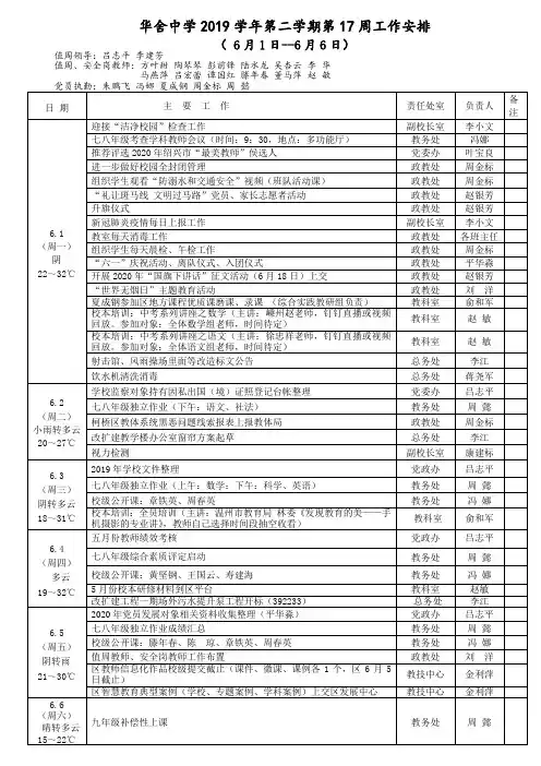 华舍中学2019学年第二学期第17周工作安排