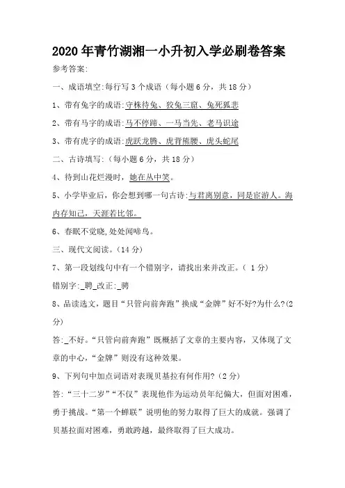 2020年青竹湖湘一小升初入学必刷卷答案