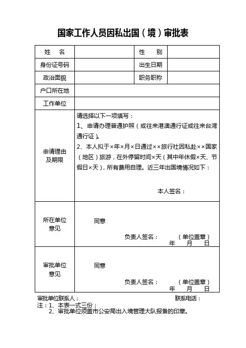 因私出国(境)审批表