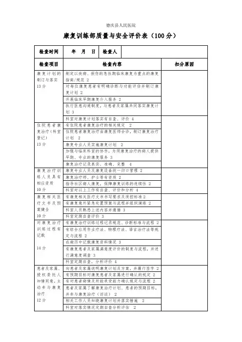 康复训练部质量与安全考核标准