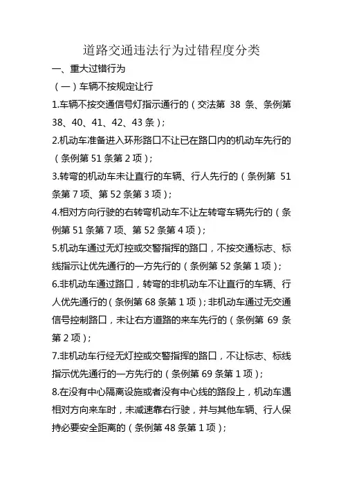 道路交通违法行为过错程度分类