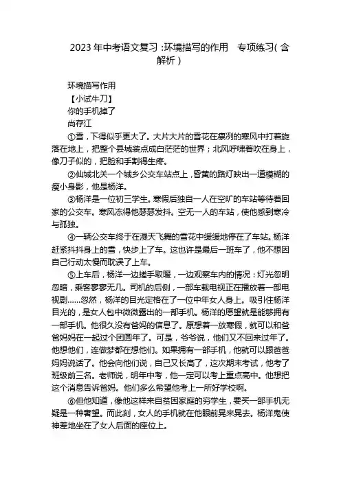 2023年中考语文复习：环境描写的作用  专项练习(含解析)