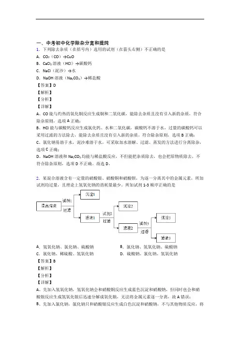 2020-2021全国各地中考化学分类：除杂分离和提纯综合题汇编附详细答案