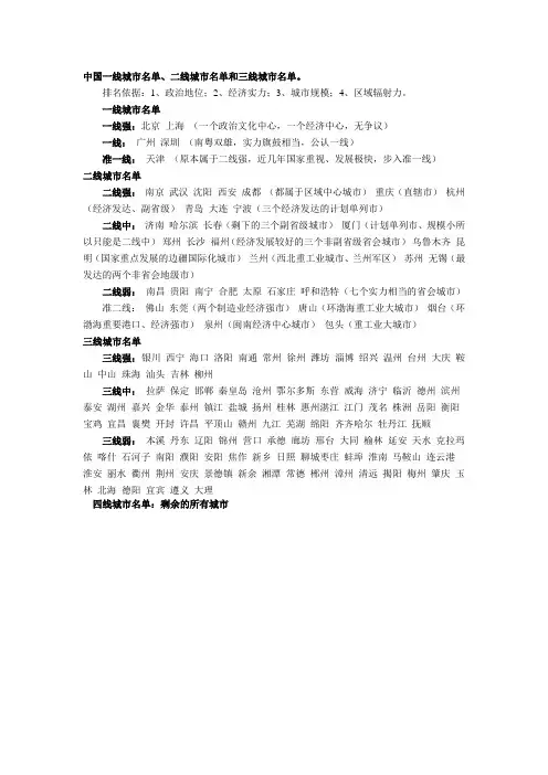 中国一二三线城市名单