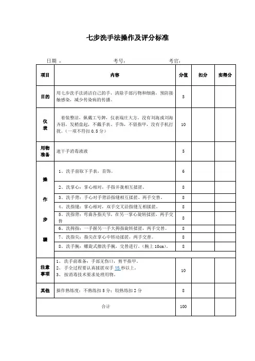 七步洗手法操作及评分标准