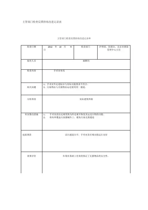 主管部门检查反馈持续改进记录单