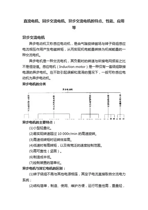 直流电机、同步交流电机、异步交流电机的特点、性能、应用等