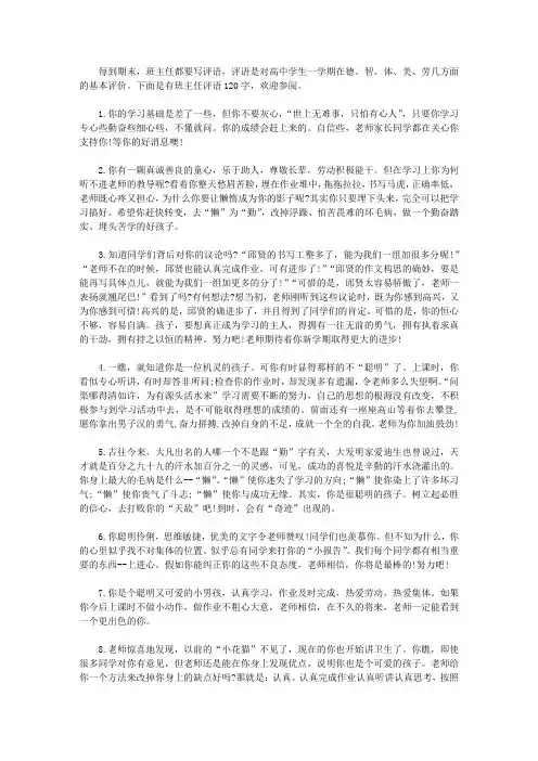 班主任写给学生的评语120字【精选】