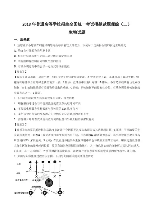 【全国校级联考】【衡水金卷】2018年普通高等学校招生全国统一考试模拟试题理综(二)生物试题(解析版)