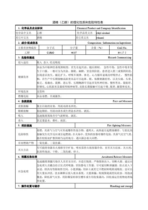 乙醇理化性质与危险特性一览表