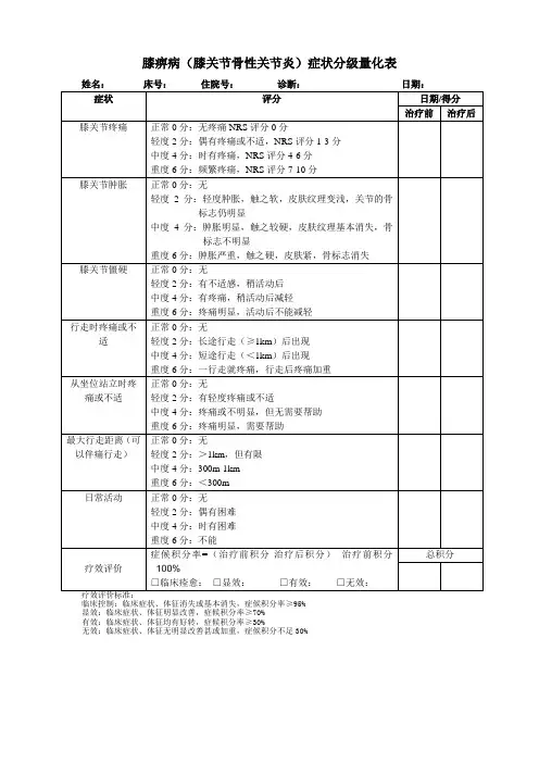 膝痹病症状评分量表