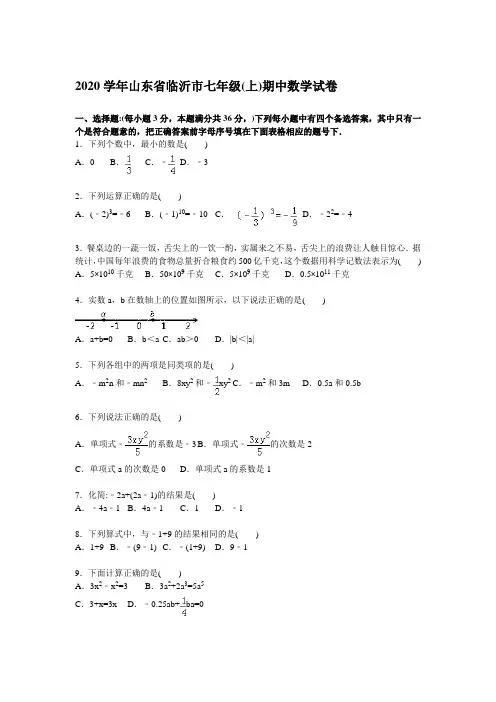 2020年山东省临沂市人教版七年级上学期期中数学试题含答案解析(A卷全套)