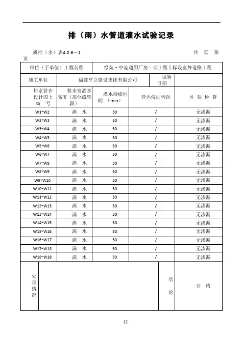 排(雨)水管道灌水试验记录