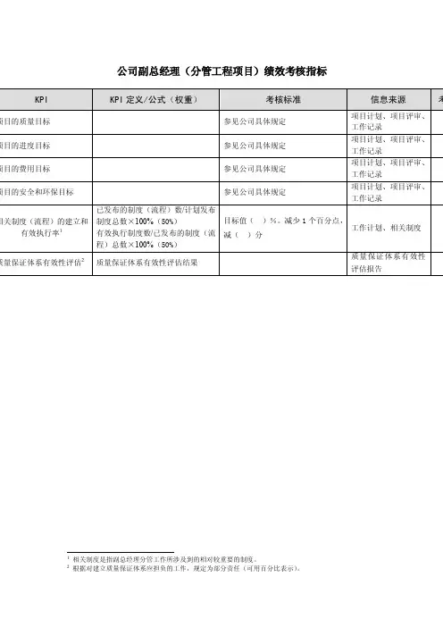 公司副总经理（分管工程项目）绩效考核指标