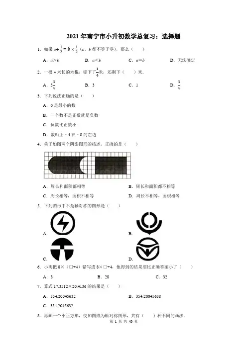 南宁市小升初数学总复习：选择题(附答案解析)