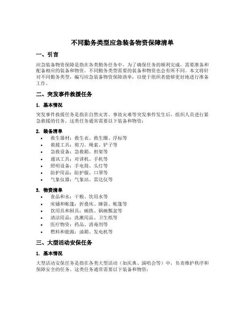 不同勤务类型应急装备物资保障清单
