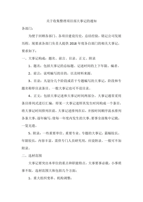 关于收集整理项目部大事记的通知