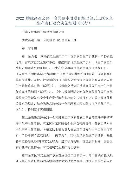 2022-腾陇高速公路一合同范本段项目经理部五工区安全生产责任追究实施细则(试行)
