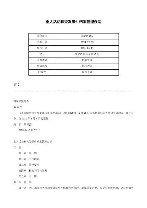 重大活动和突发事件档案管理办法-国家档案局令第16号