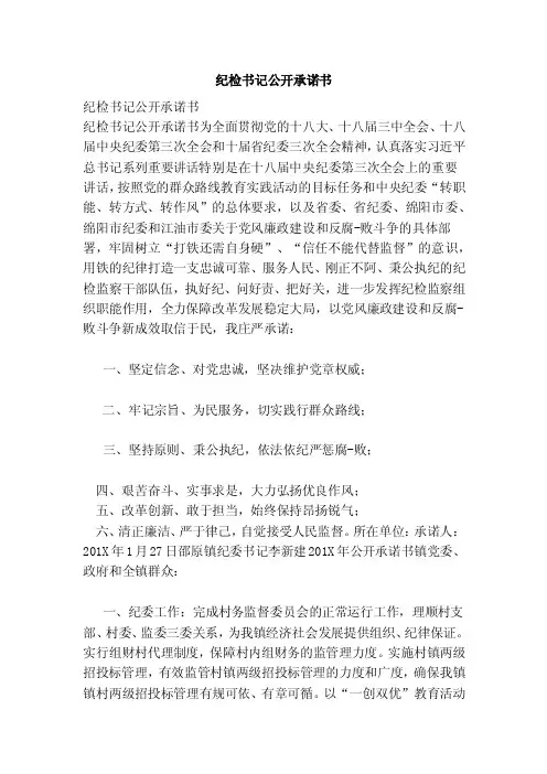 纪检书记公开承诺书（范本）